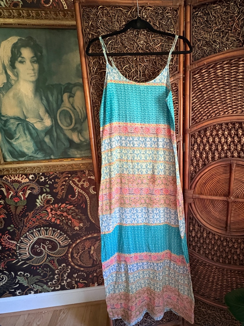 Staring at Stars Anthropologie Boho Maxi Dress Size M Blue Floral Border Print